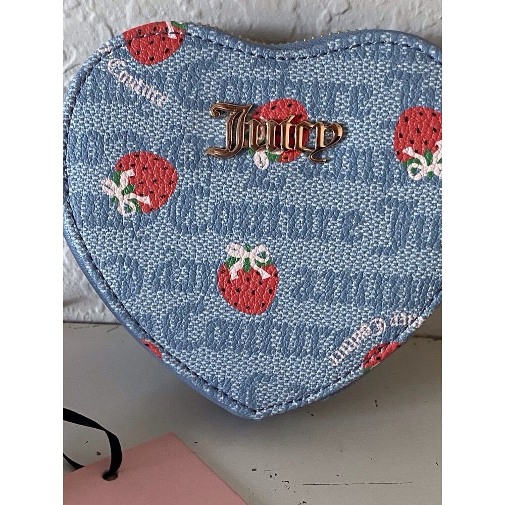 Juicy Couture Berry Sweet Coin Purse Wristlet Dusty Blue Red Strawberries NEW - Picture 2 of 10